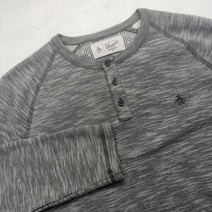 Original Penguin Henley Shirt Men's L Charcoal Gray Slub Raglan Long Sleeve